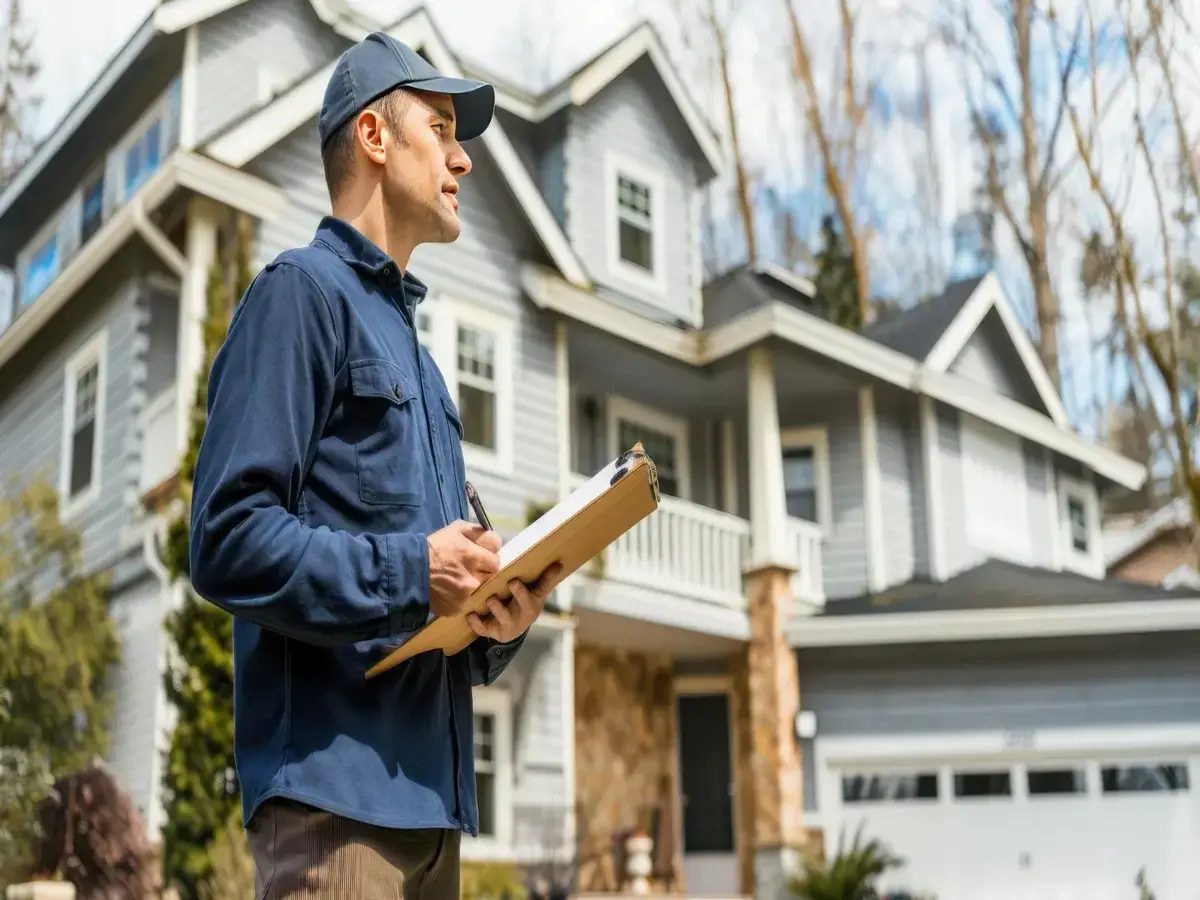 Field inspector with clipboard reviewing a home exterior